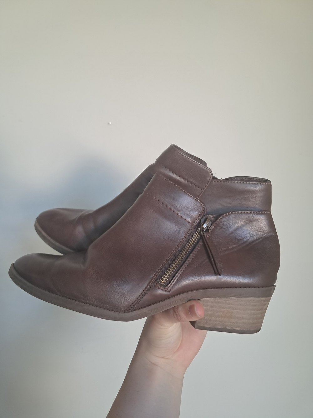 Time and Tru Brown Leather Ankle Booties with Side Zip